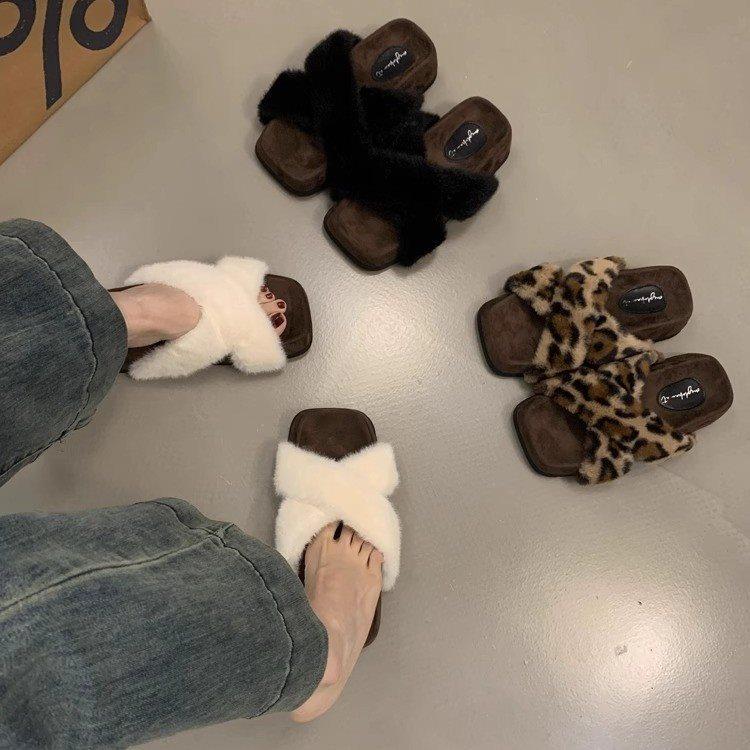 Lässige Herbst- und Winter-Kreuzworträtsel sanfte Retro-Dicksohlen-Flauschpantoffeln Damen tragen vielseitige Baumwollschuhe Leopardenmuster Samt