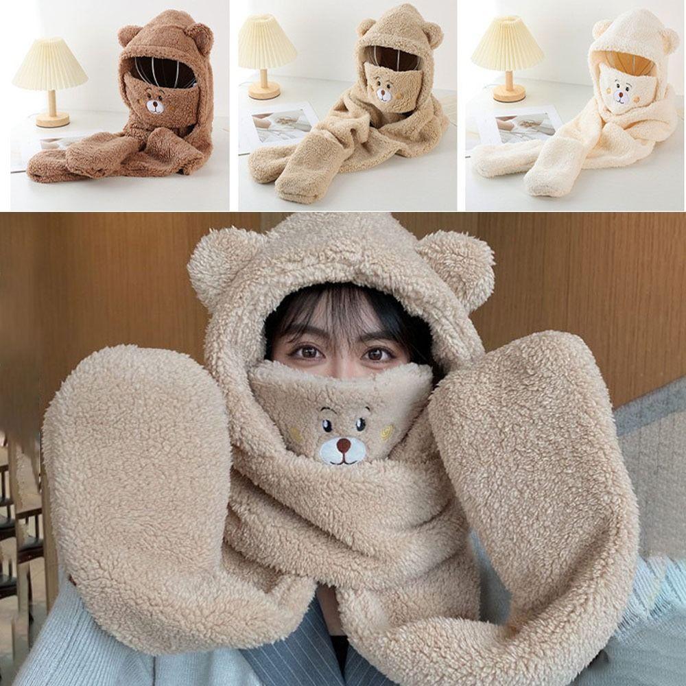Winter Warm Women Beanies Caps Cute Bear Ear Integrated Cap Scarf Ear Protection Caps Cycling