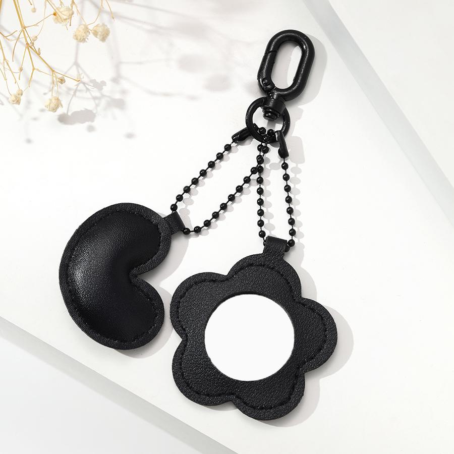 Portable Mini Makeup Mirror Keychain Red Flower Heart PU Leather Bag Pendant Women Cosmetic Mirror Key Ring Accessories Gift