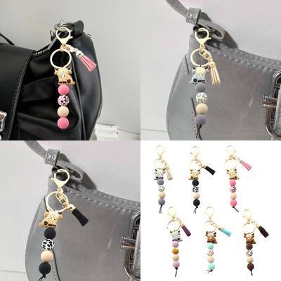 Highland Cow Pendant Keychain Soft Silicone Beaded Keyring with Colorful Tassels Key Rings Accessories for Women Men
