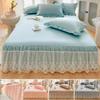 Pink Blue Silk Bed Skirt Single Piece Bedspread Hollowed Out Lace Non Slip with Strap Solid Colour Lace Bed Sheet