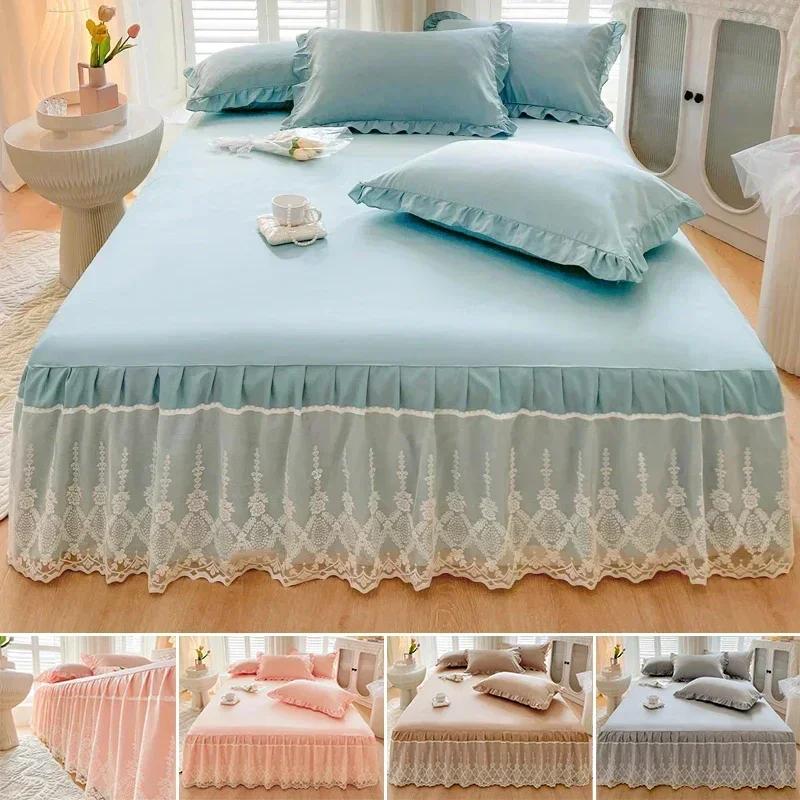 Pink Blue Silk Bed Skirt Single Piece Bedspread Hollowed Out Lace Non Slip with Strap Solid Colour Lace Bed Sheet