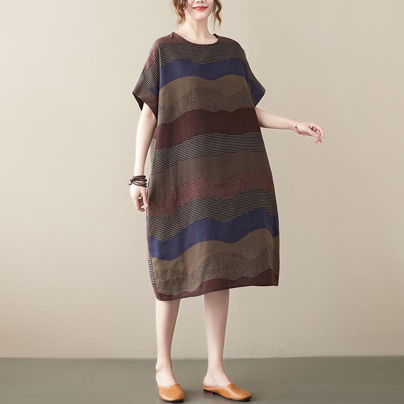 Summer Fat MM Cotton Hemp Retro Flower Art Knee Length Short Sleeved Dress for Women