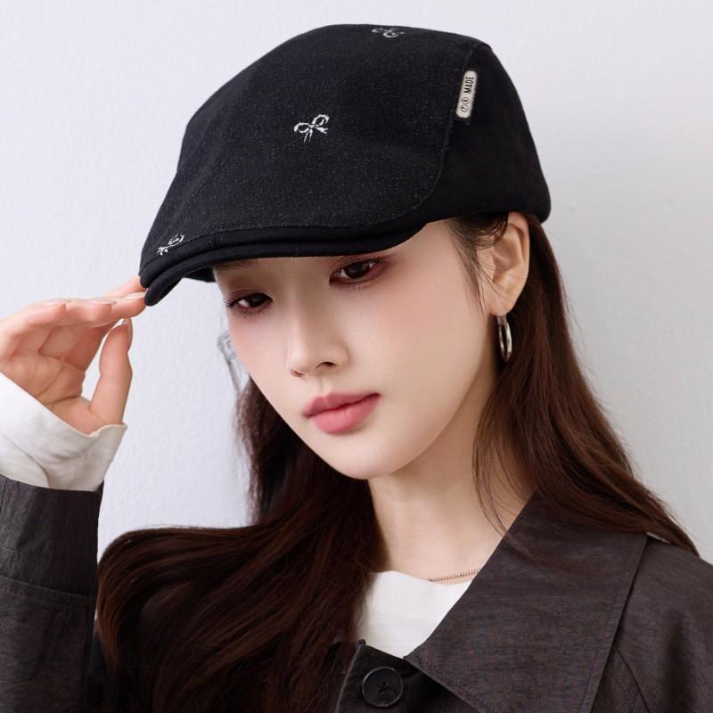 Womens Retro Bow Flat Top Cap Short Brim Adjustable Cotton Hat Winter Warm Stylish Duckbill