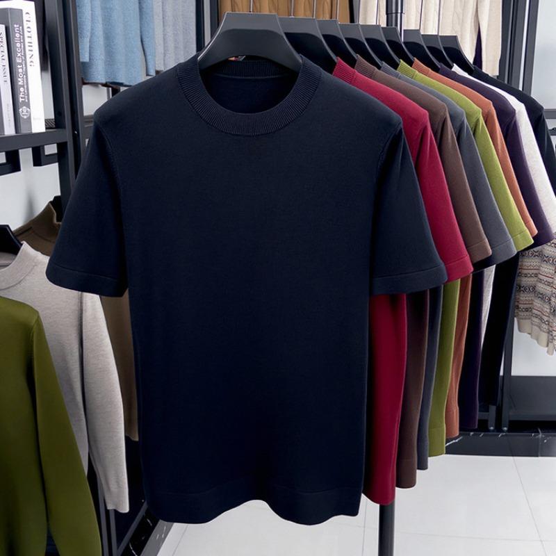 Men Solid Color Short Sleeve Crew Neck Fitted Casual Knit Bottoming Sweater