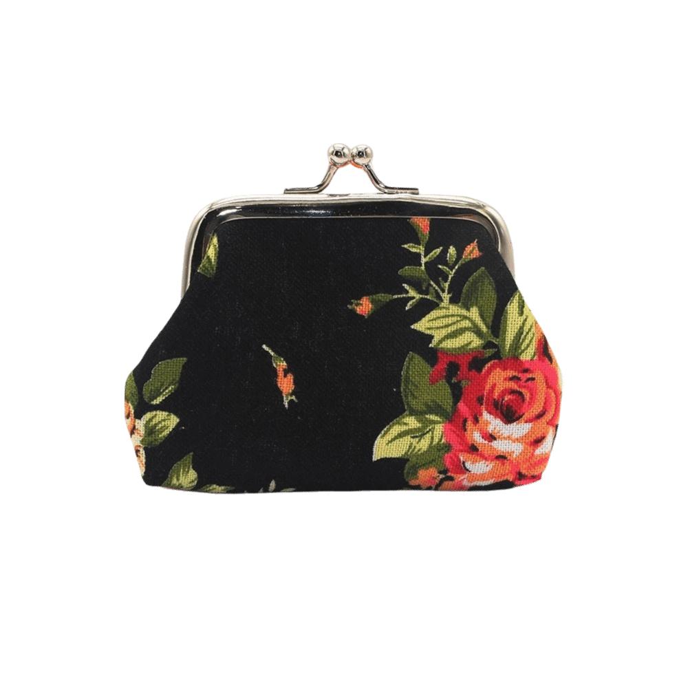 

Portable Mini Coin Purse Canvas Rose Floral Print Clutch Wallet Metal Hasp Credit Card Holder for Women