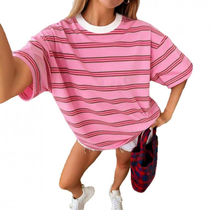 Womens Casual Short Sleeve Round Neck T-Shirt With 3D Stripe Print Soft Cotton Blend Urban Style Wear