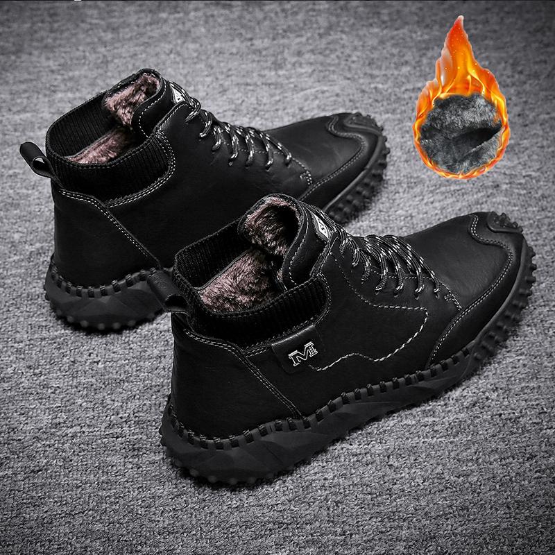 Classic Winter Men's Boots Real Leather Plush Warm Men's Snow Boots Waterproof Outdoor Roman Men Work Boots Men Motorcycle Boots