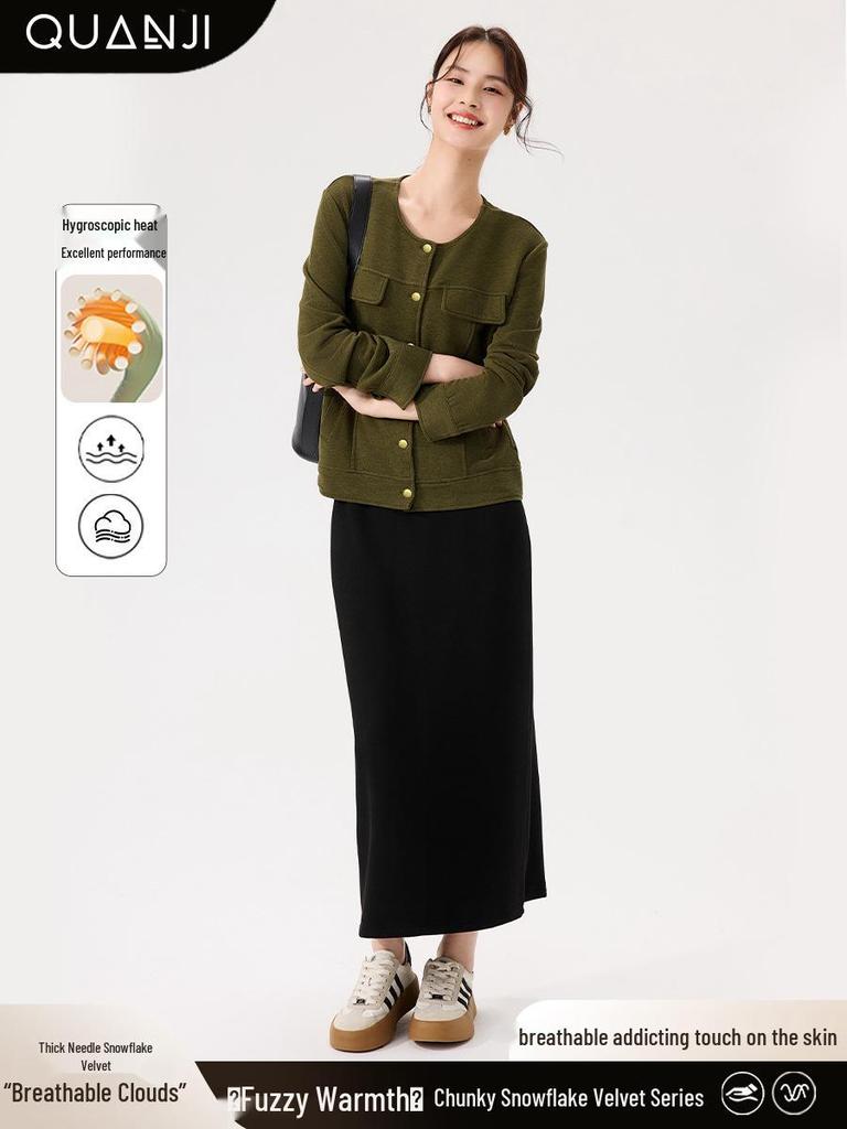 Women's Winter Knit Snowflake Velvet Skirt - Korean Style, Warm, Versatile, Loose Slimming, Back Slit Midi Skirt