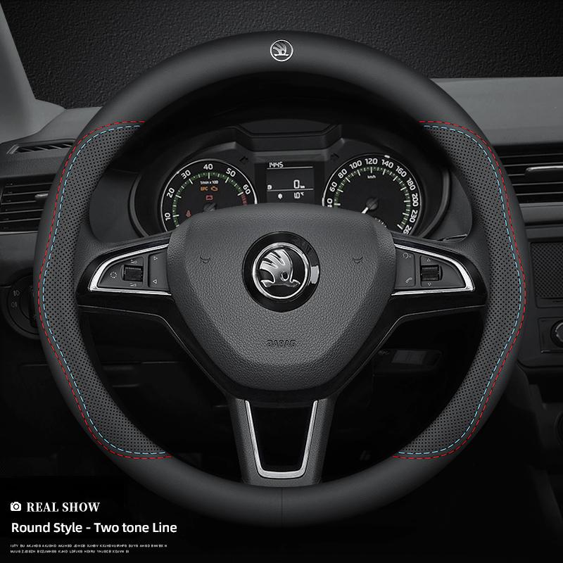 GTMZ9 Car Leather Steering Wheel Cover Anti-slip Accessories For Skoda Yeti Kamiq Kodiaq Karoq Octavia Fabia Rapid Vrs Superb A4 Scala