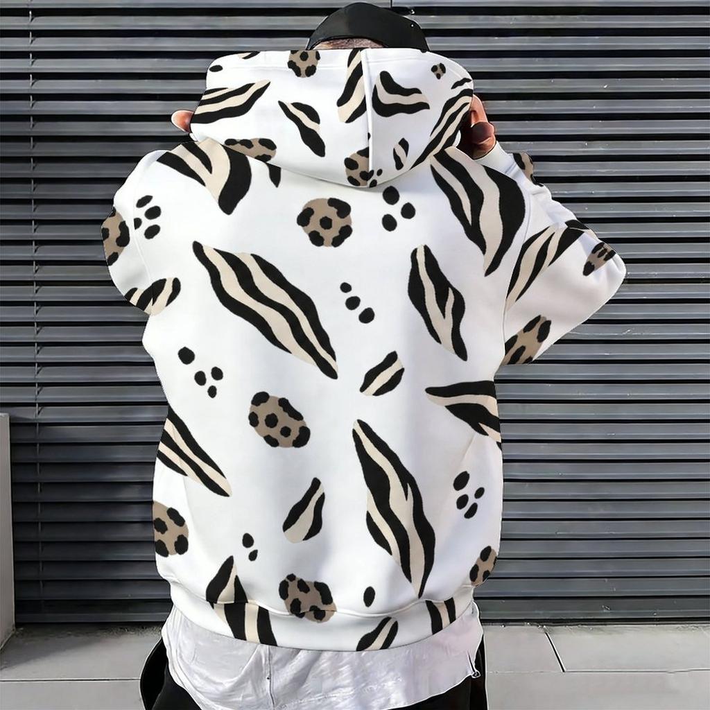Felpa con cappuccio da uomo taglie forti, stampa a pois bianchi, manica lunga, coulisse, tasca a marsupio, pullover