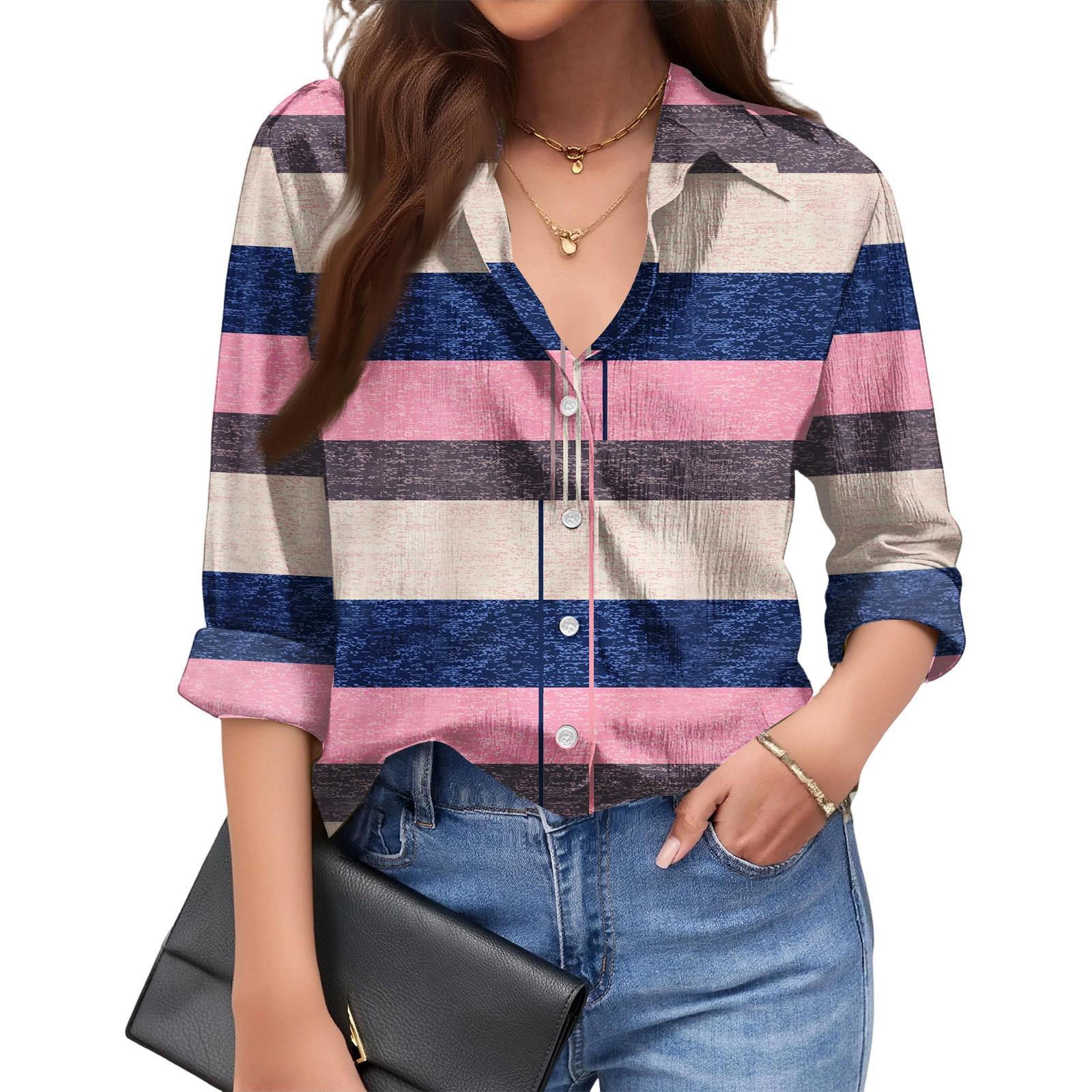 

Women s Fashionable Casual Loose Striped Long,sleeved Shirt M рожевий