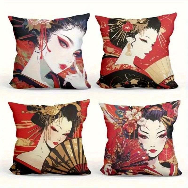 Traditional Geisha Art Pillowcase - Red Oriental Style Pillow Cover for Sofa Bedroom Living Room Decor 4PC-45x45cm