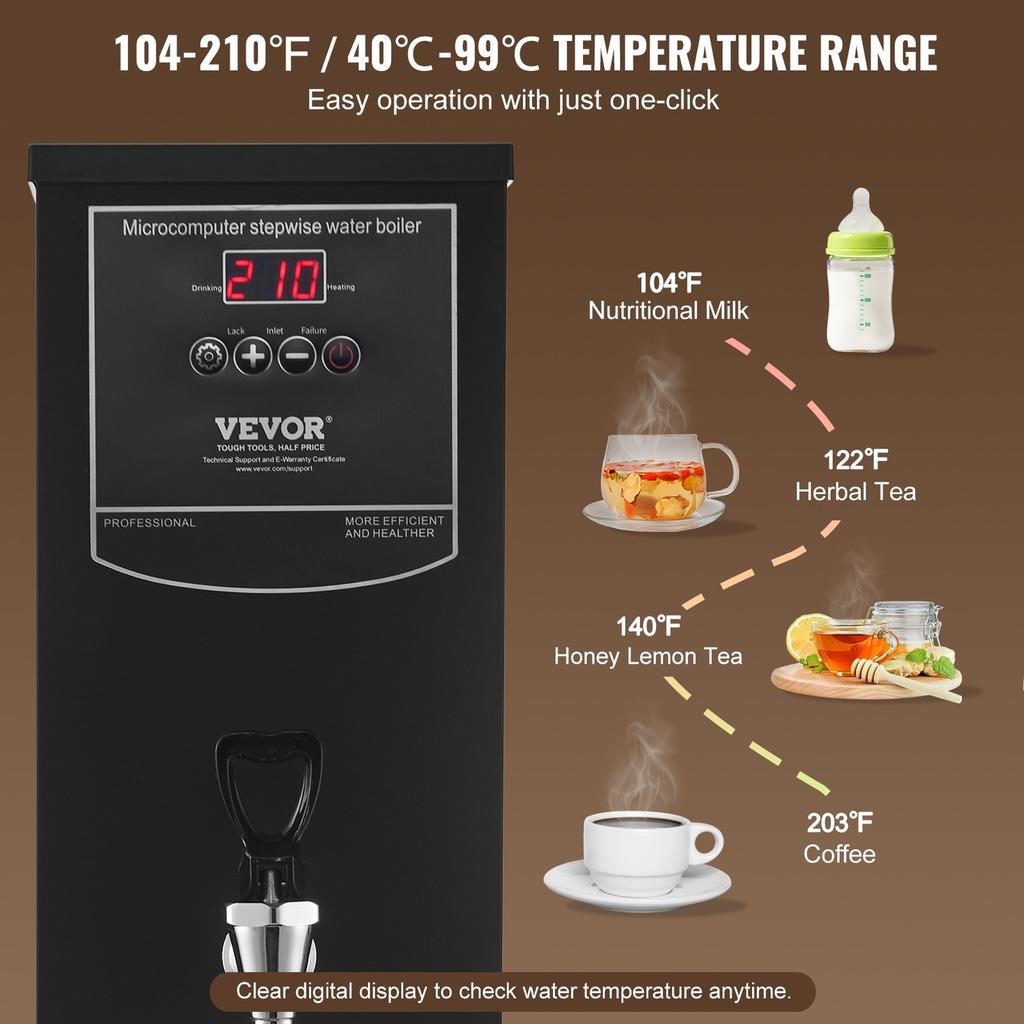 Commercial Water Boiler, Electric Hot Water Dispenser with 316 Stainless Steel Heating Tube, 1500W Step-by-step Fast Heating 50L per Hour Hot Water
