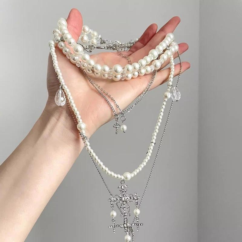 French Geometric Round Pearl Beaded Necklace Fashion Simple Court Style Necklace Light Luxury Premium Sweater Chain Women