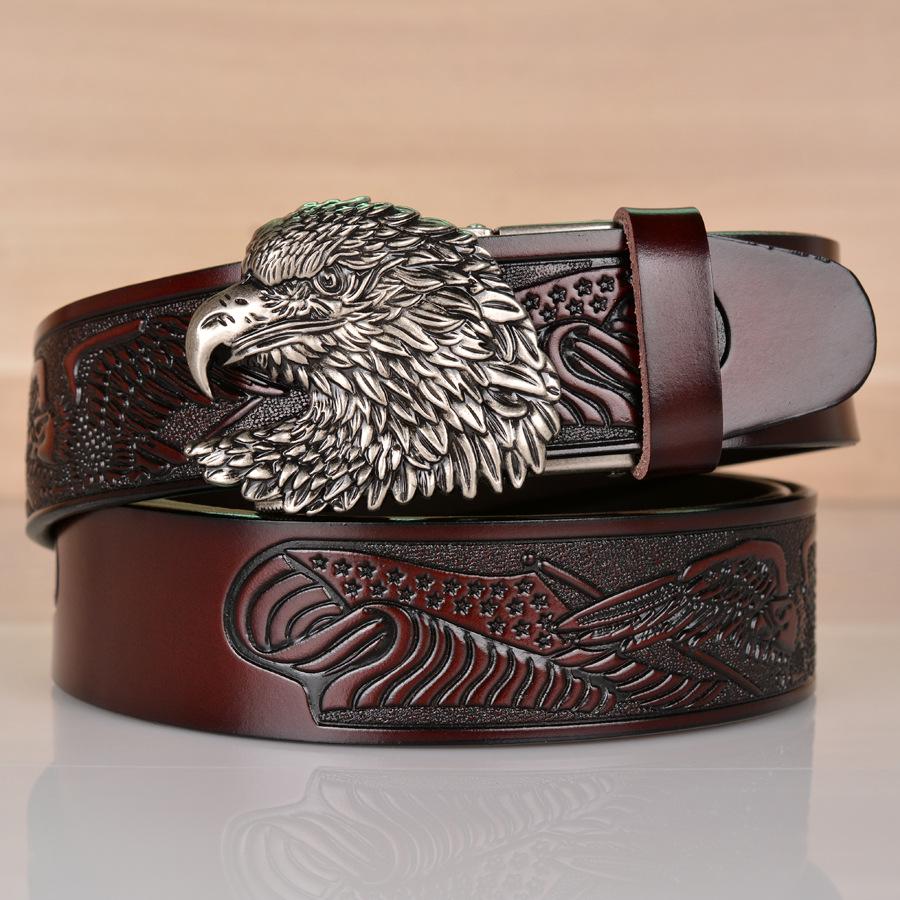 Eagle Embossed Cowhide Leather Belt with Automatic Buckle