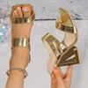 Fashion Fashion Gold High Heel Sandals for Women Square Toe Strange Heeled Party Dress Shoes Woman Summer Double Strap Mule Slippers