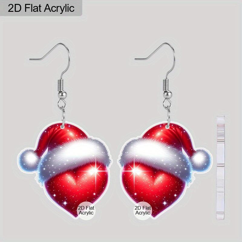 2D Flat 2pairs Y2K Fashion Christmas Hat Heart-Shaped Wine Glass Acrylic Dangle Earrings, Perfect Gift for Women, Christmas Party Jewelry