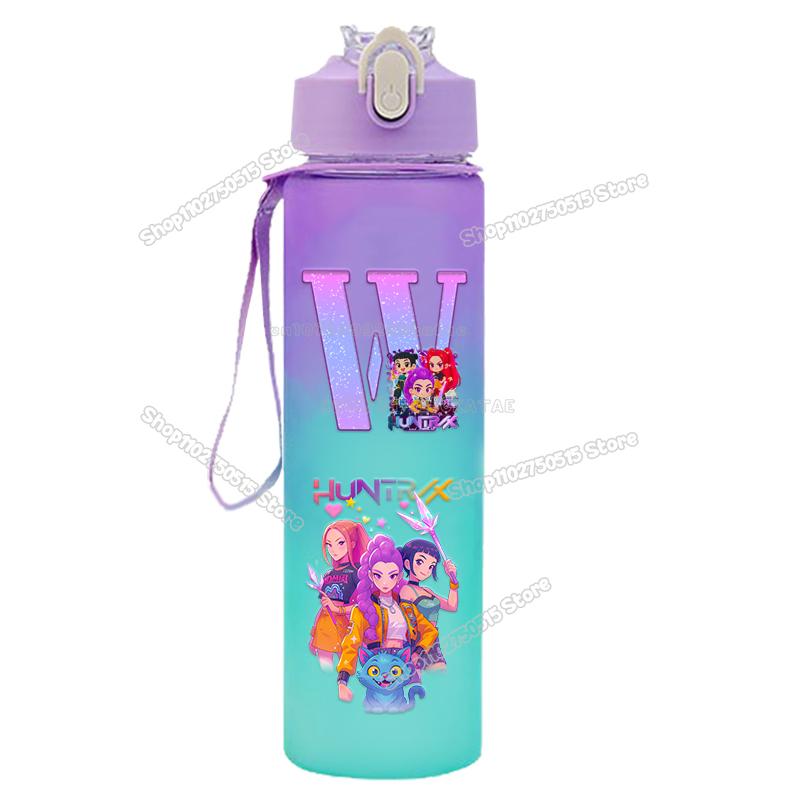 High Quality KPop Demon Hunters Gradient Water Bottles 750ml Movie Girl Letter A-Z Straw Drink Cups Portable High-capacity Outdoor Bottle