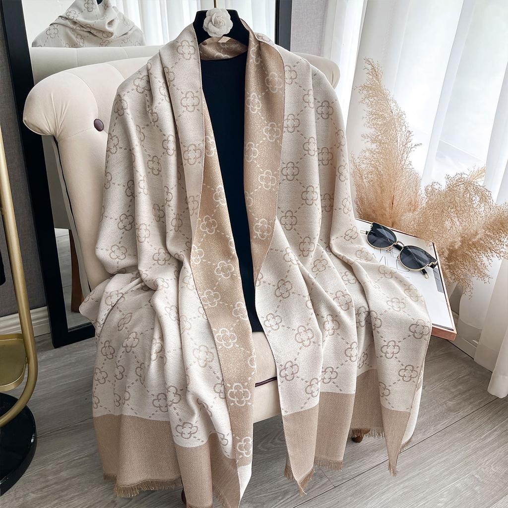 Spring And Summer Shawl With Four-Leaf Flower Imitation Cashmere Scarf High-End Fashion Long Scarf Shawl Versatile Scarf