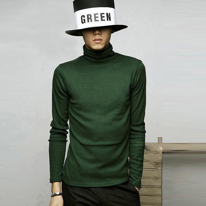New Men's Solid Color T-shirt High Collar Long Sleeve Spring Autumn Winter Bottoming Shirt Knitted Sweater Korean Version Pullover