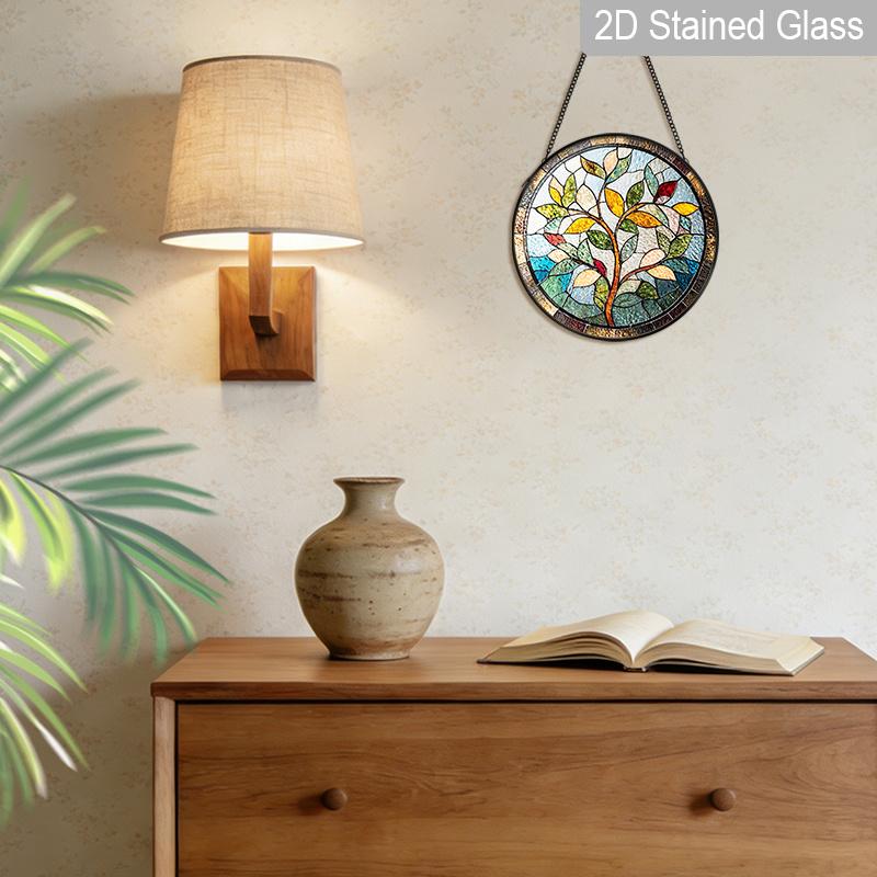 2D Flat Stained Glass Nature Branches and Leaves Window Decoration, 6.3/7.87inches Colored Glass Plate with Chain, Charming Spring Summer Sun Catcher