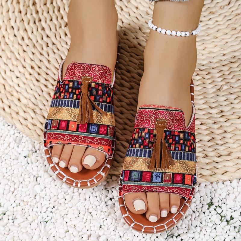 New Bohemian tassel flat-bottomed slippers women's outerwear celebrity style soft-bottomed beach cool slippers