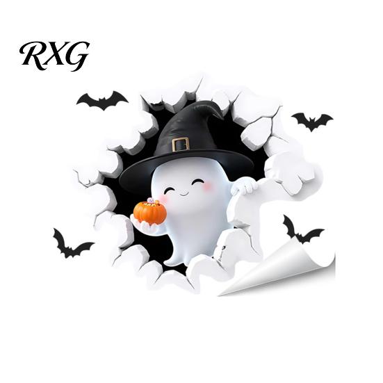 Bat Wall Stickers for Halloween Stickers, 3D Broken Effect with Ghost Skeleton Pumpkin Decals, Self-Adhesive Waterproof Decor Mural Living Room