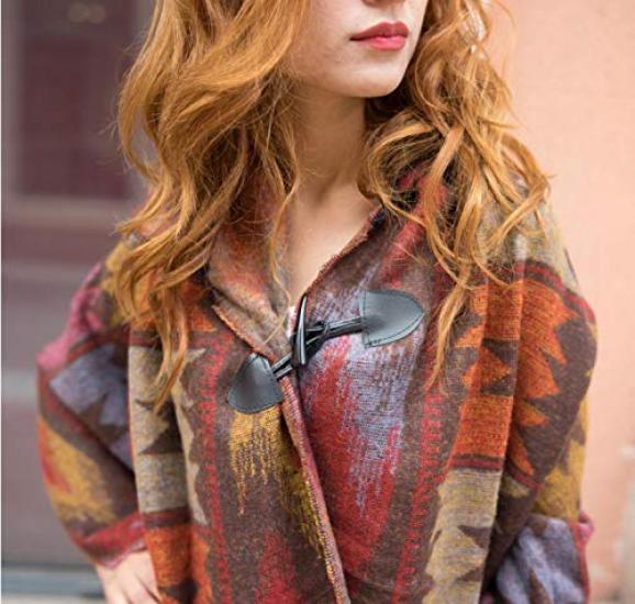Sarah Rose Wool Poncho Ethnic Bohemian Print Soft Women's Coat/Cape/Shawl, Hoodie, Silhouette, Fall/Winter (Khaki)