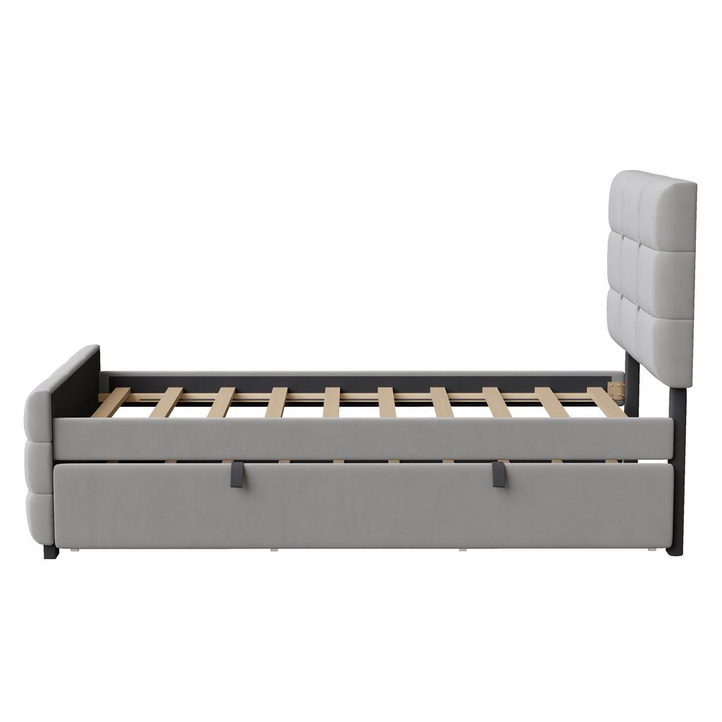 Upholstered Bed 90 X 190 Cm with Pull-Out Bed, Flat Single Bed In Skin-Friendly Velvet Fabric, Children's Bed Youth Bed Guest Bed (Grey)