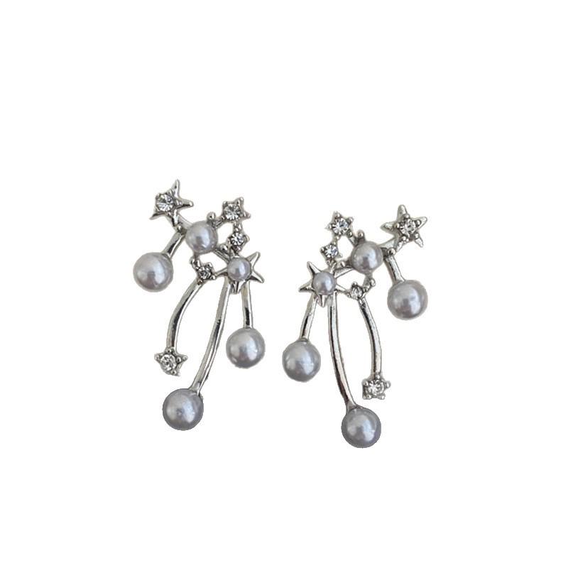 Silver Needle Rhinestone Star Tassel Pearl Stud Earrings - Fashionable, Exquisite, Versatile, and Light Luxury Accessories.