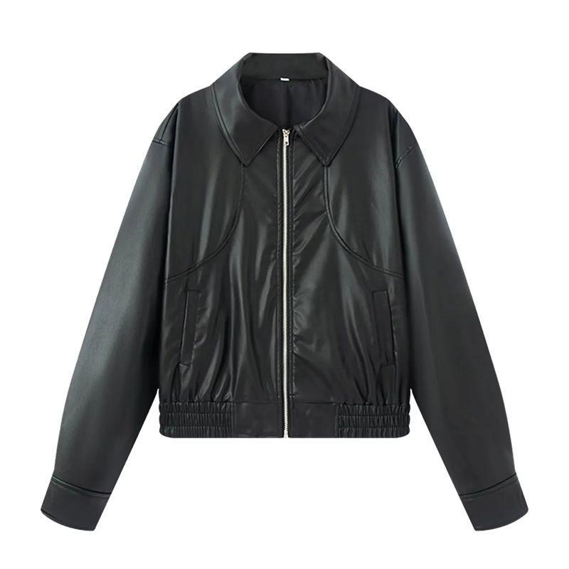 Fall New Women's Clothing American Style Locomotive Style Lapel Long Sleeves Normcore Faux Leather Loose Short Jacket Outwear