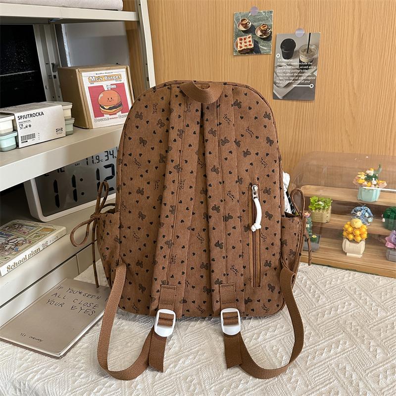 College Style Bow Print Schoolbag Women's Corduroy Backpack Large Capacity Student Backpack