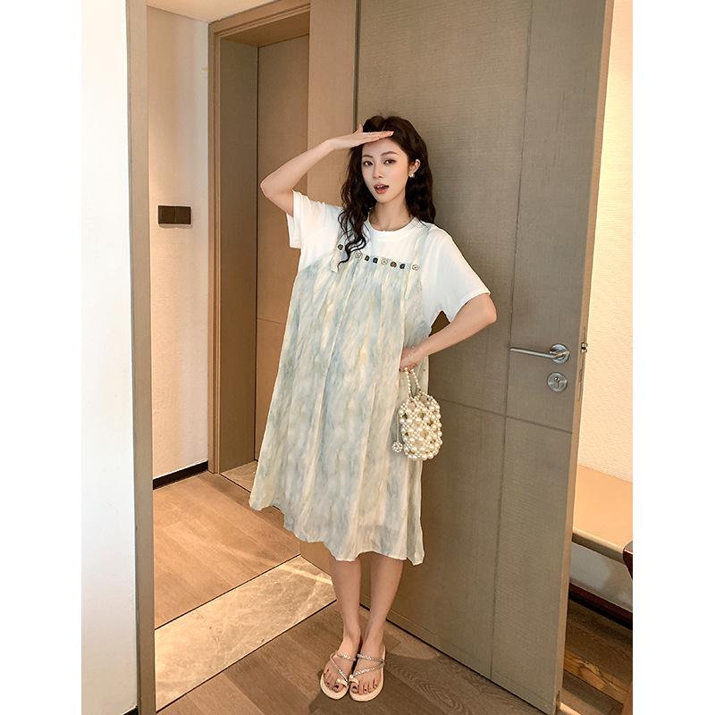 2026 Summer Mint Mambo Tie-Dye Patchwork Maternity Dress M