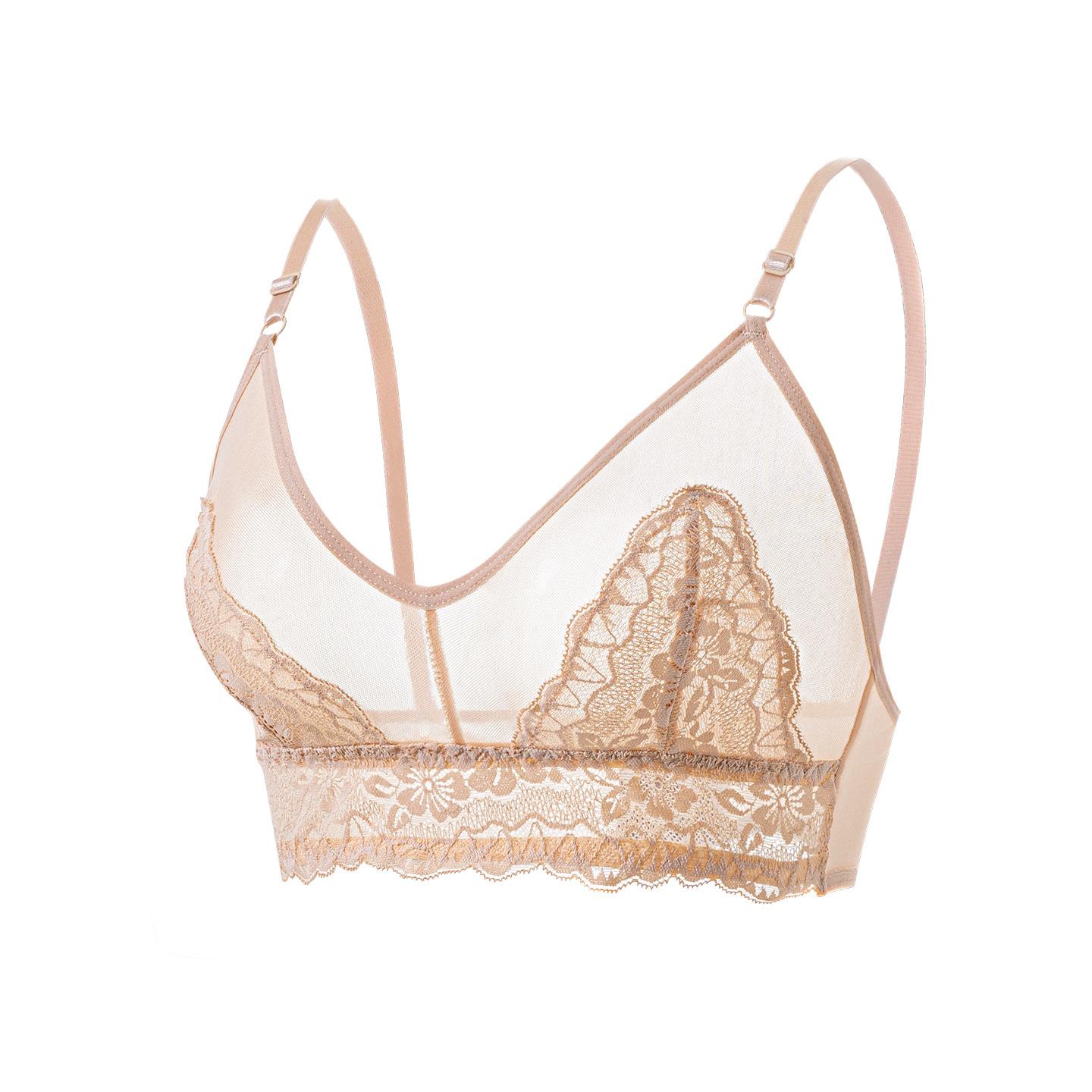 

Women French Lace Bra, Wireless Thin Cup Sexy Sheer Lingerie, European American Style Comfortable No Underwire Bra 2XL абрикосовий