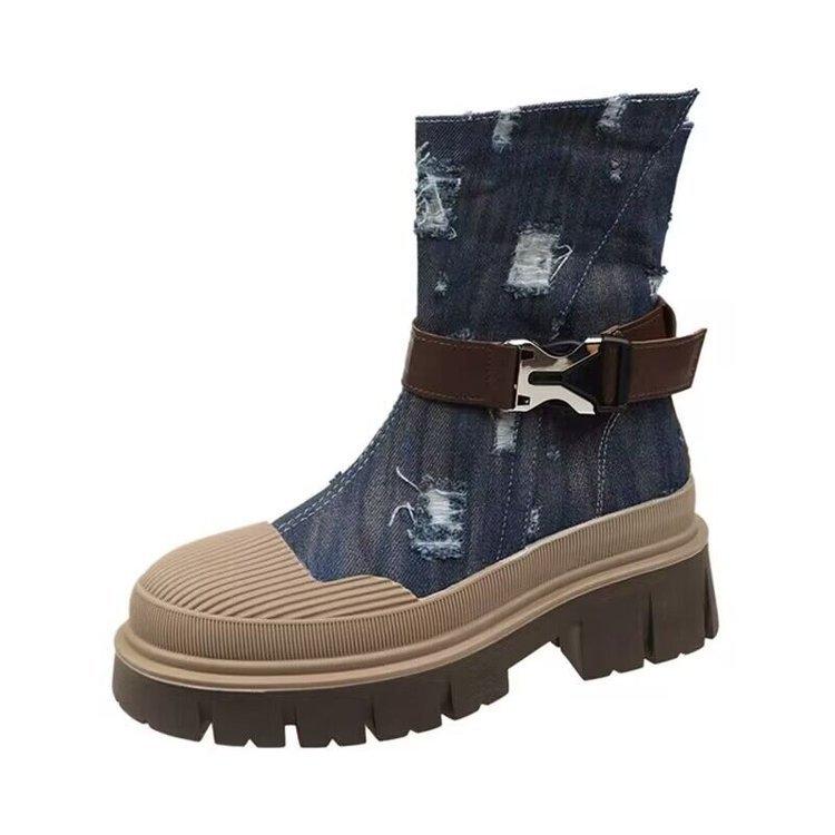 

British style thin heightened platform Martin boots women s summer 2025 new thick heel retro western cowboy short boots 40 темно-синього кольору