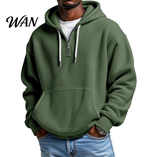 Easy Wear Versatile Outerwear Men Waffle Texture Sweatshirt, Loose Fit Long Sleeve Pullover Tops with Oversized Knit Sweatshirt for Front Pocket,