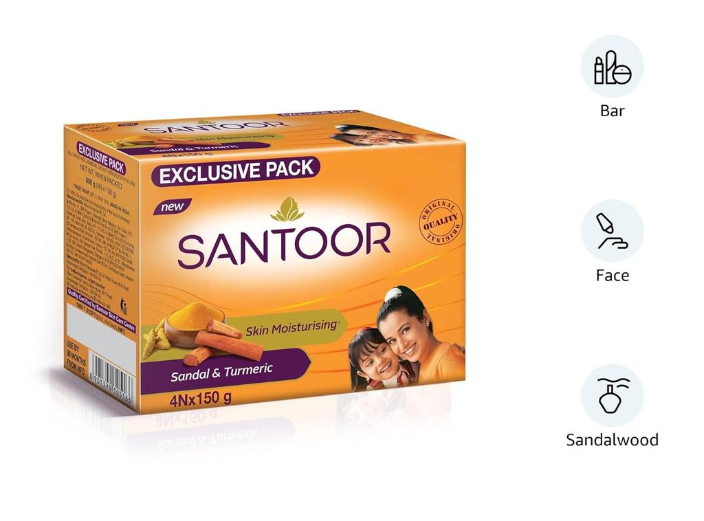 Santoor Sandal and Turmeric Bathing Soap Bar for Deeply Moisturizing All Skin Types To Achieve Soft and Radiant Glow Pack of 1 4N X 150g