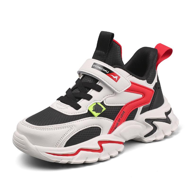 Boys' Autumn New Mesh Leather Splicing Sports Shoes Middle and Older Children's Students Solid Soft-soled Basketball Shoes Are Handsome and Trendy