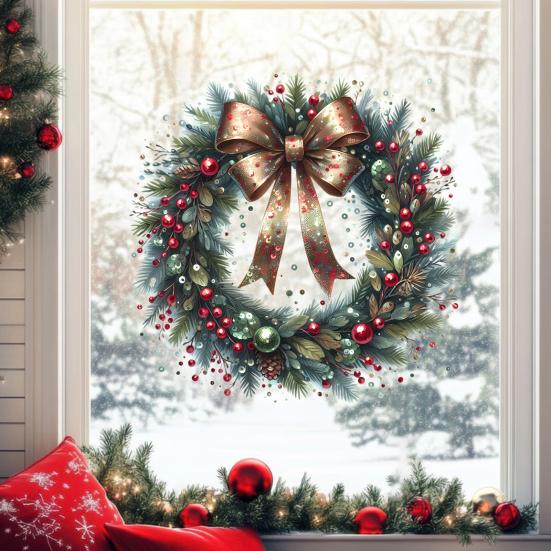 Christmas Wreath Stickers Removable Wall Decals Holiday Pine Cones Bow Wreath Patterns Stickers for Home Window Glass Door Decor
