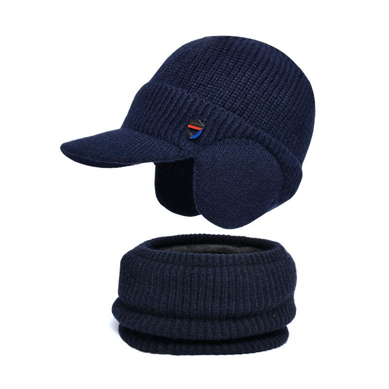 Winter warm ear protection hat scarf set plush wool hat men's European and American pullover knitted hat