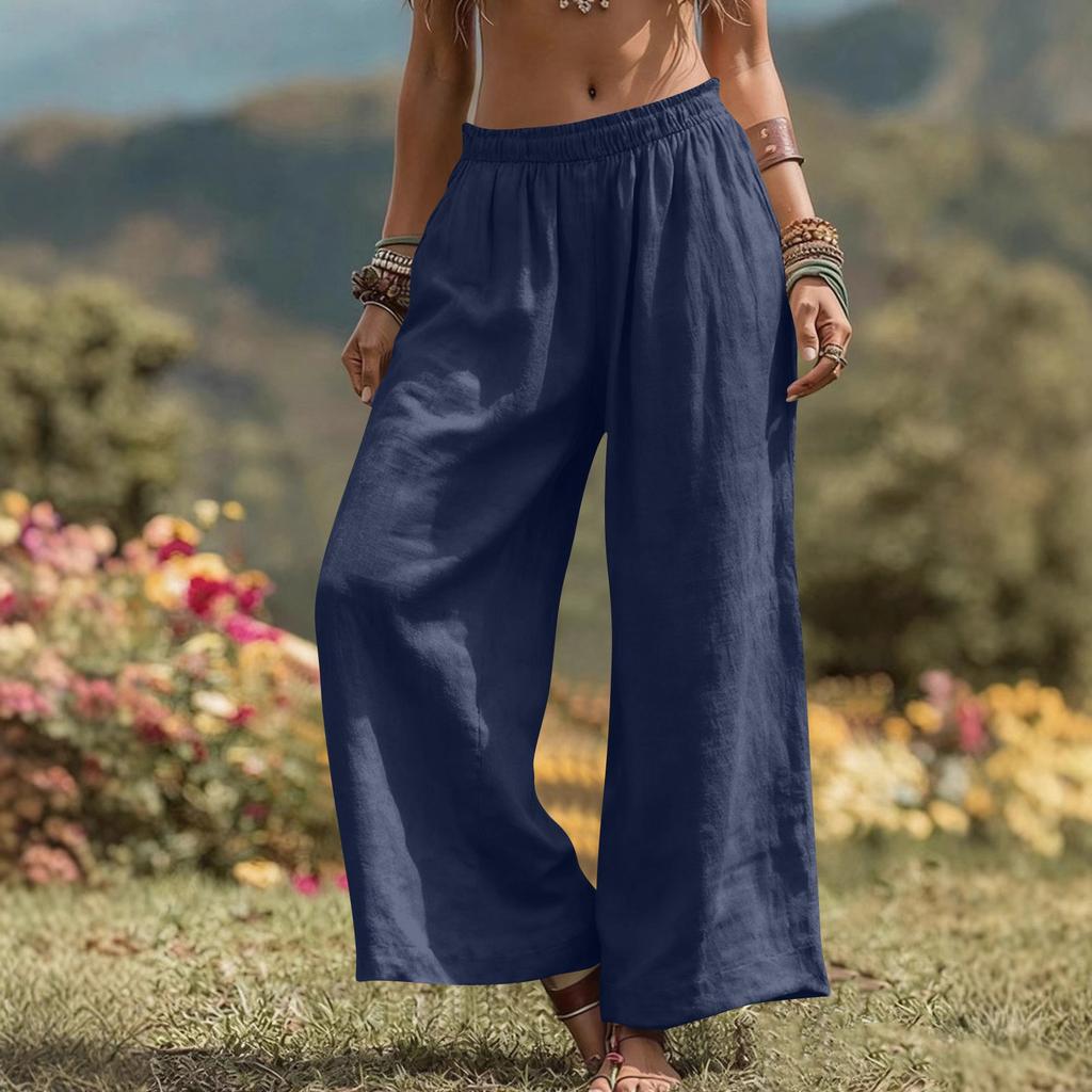 Women's -color Cotton And Linen Wide-leg Pants With Pockets