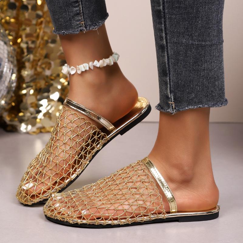 Fashion 2025 New Crochet Net Mule Slippers Woman Brand Design Mesh Flat Sandals Ladies Summer Elegant Hollow Out Fishnet Shoes