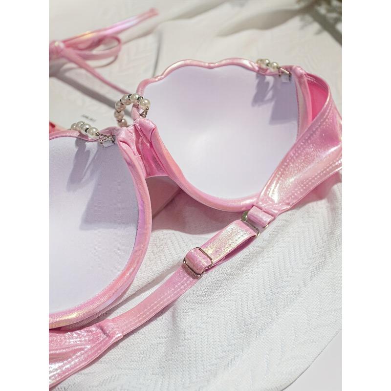 Sexy Petal Bikini Swimsuit Solid Color Petal Cup Pearl Chain Steel Band Bikini Top