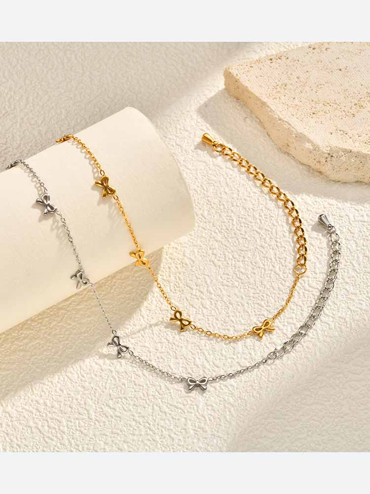 Rostfreies Silberfarbenes Schleifenarmband für Damen, Dünnes Edelstahl-Kettenarmband mit Schleifenknoten, Mehrreihig, für empfindliche Haut