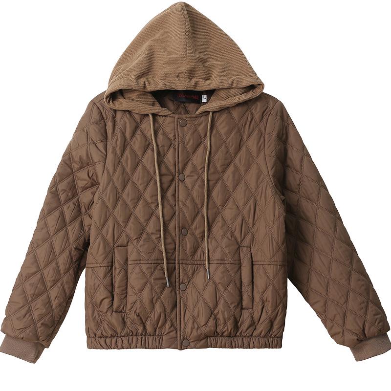 Women's Winter 2025 Rhombus Hooded Cotton-Padded Jacket - Trendy Petite Lightweight Outerwear