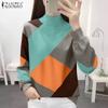 ZANZEA Women Autumn Turtleneck Long Sleeve Contrast Color Knitted Sweaters
