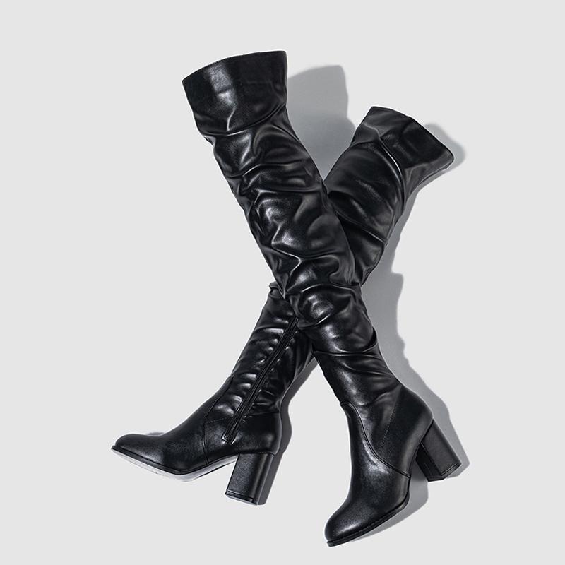 Fashion Liyke High Quality Soft Cozy Pleated Leather Women Over The Knee Boots Fashion Zip Round Toe Chunky Square Heels Motorcycle Shoe