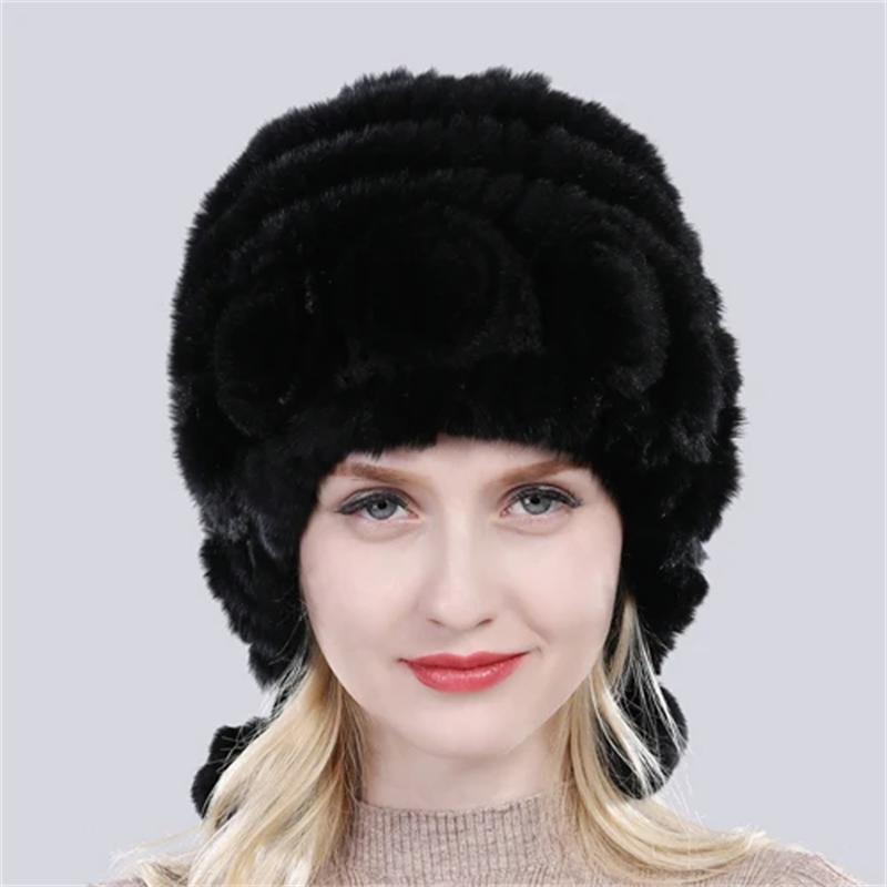 Hot Sale Winter Women Flowers Striped Natural Real Rex Rabbit Fur Hats Lady Warm Knit Genuine Fur Caps