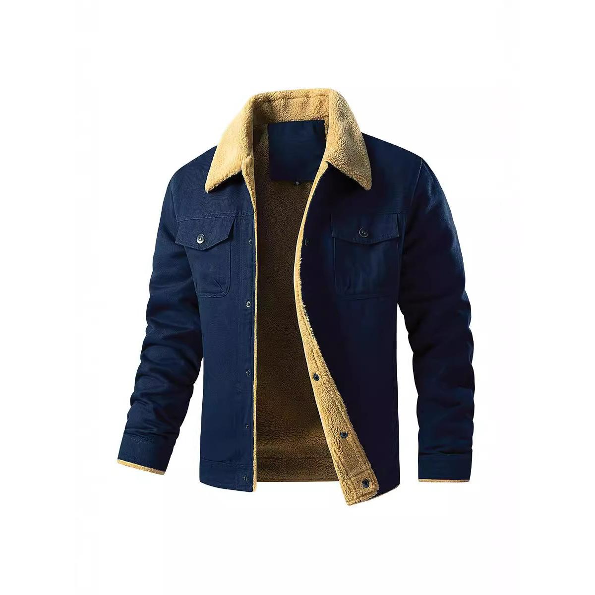 

Men s Plus Velvet Thickened Lamb Velvet Casual Warm Tooling Cotton Men s Jacket Jacket Lapel Dad Top 3XL темно-синього кольору